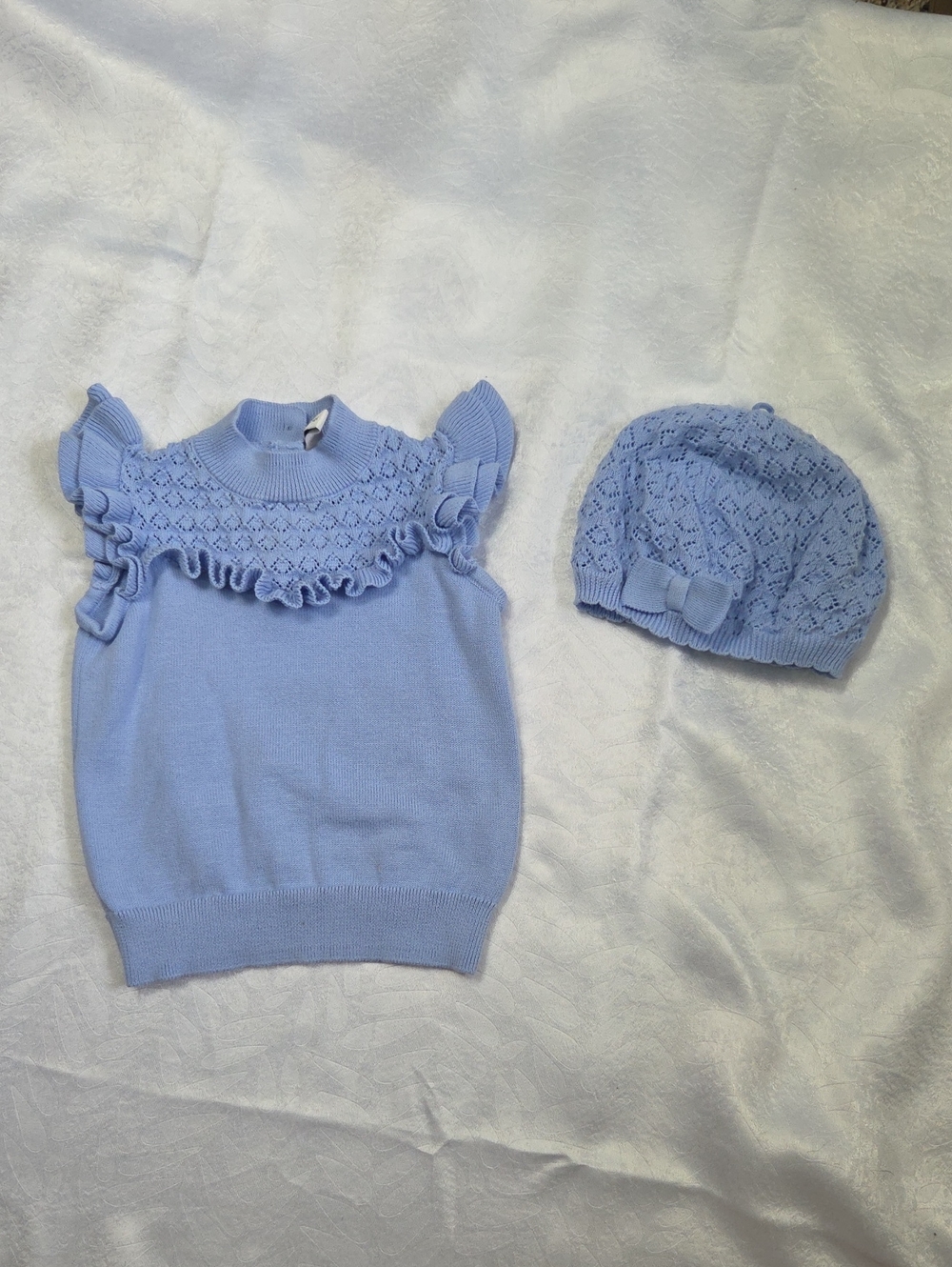 Janie and Jack Bye Bye Blue Knit Ruffle Sweater Top with Matching Beret